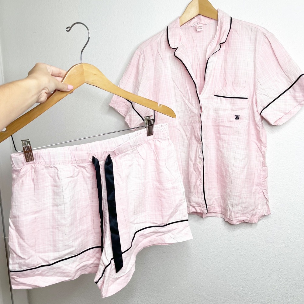 Victoria's Secret Pink Plaid Metallic Gold Thread Pajama Set Medium Short Sleeve